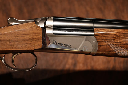 Close-up of left handed Perazzi MR57 left side with Perazzi MR57 engraving, for sale at Berg's Outdoors 