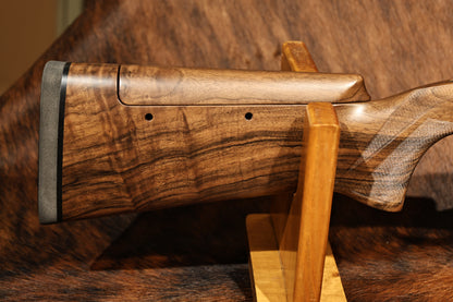 close up of left handed Perazzi MR57 right side of stock, for sale at Berg's Outdoors